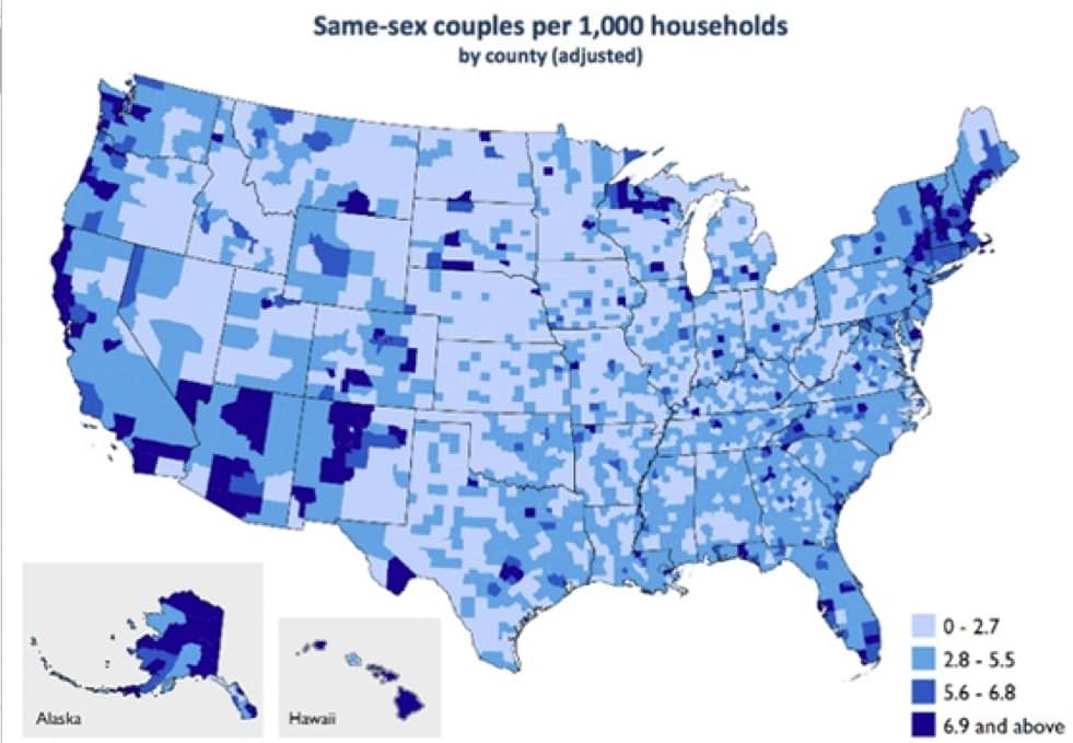 Image for Lesbian Couples Show Distinct Geographic Distribution, Less Urban Concentration Than Gay Men