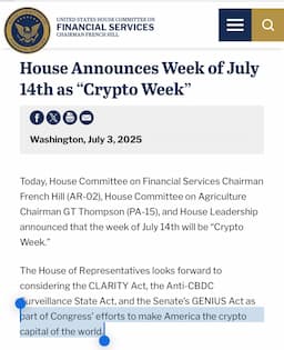 House Schedules "Crypto Week" for July 14, Advancing Three Key Digital Asset Bills