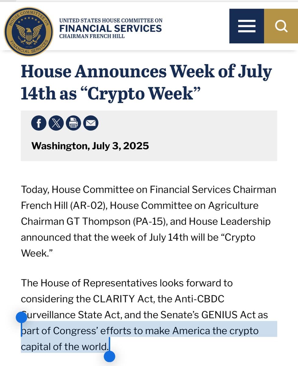 Image for House Schedules "Crypto Week" for July 14, Advancing Three Key Digital Asset Bills