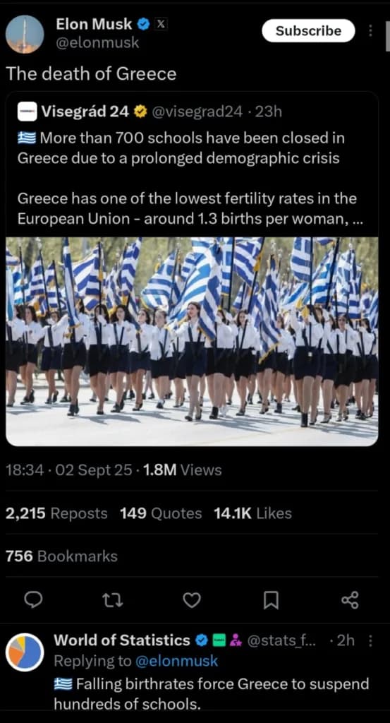 Image for Greece Faces Demographic Crisis as 721 Schools Close, Prompting Elon Musk's Stark Warning