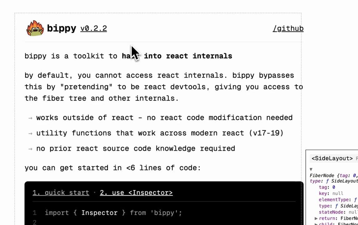 Image for Aiden Bai's 'bippy' package is a toolkit that allows developers to access and manipulate the internal workings of React, specifically the fiber tree, which is typically inaccessible.