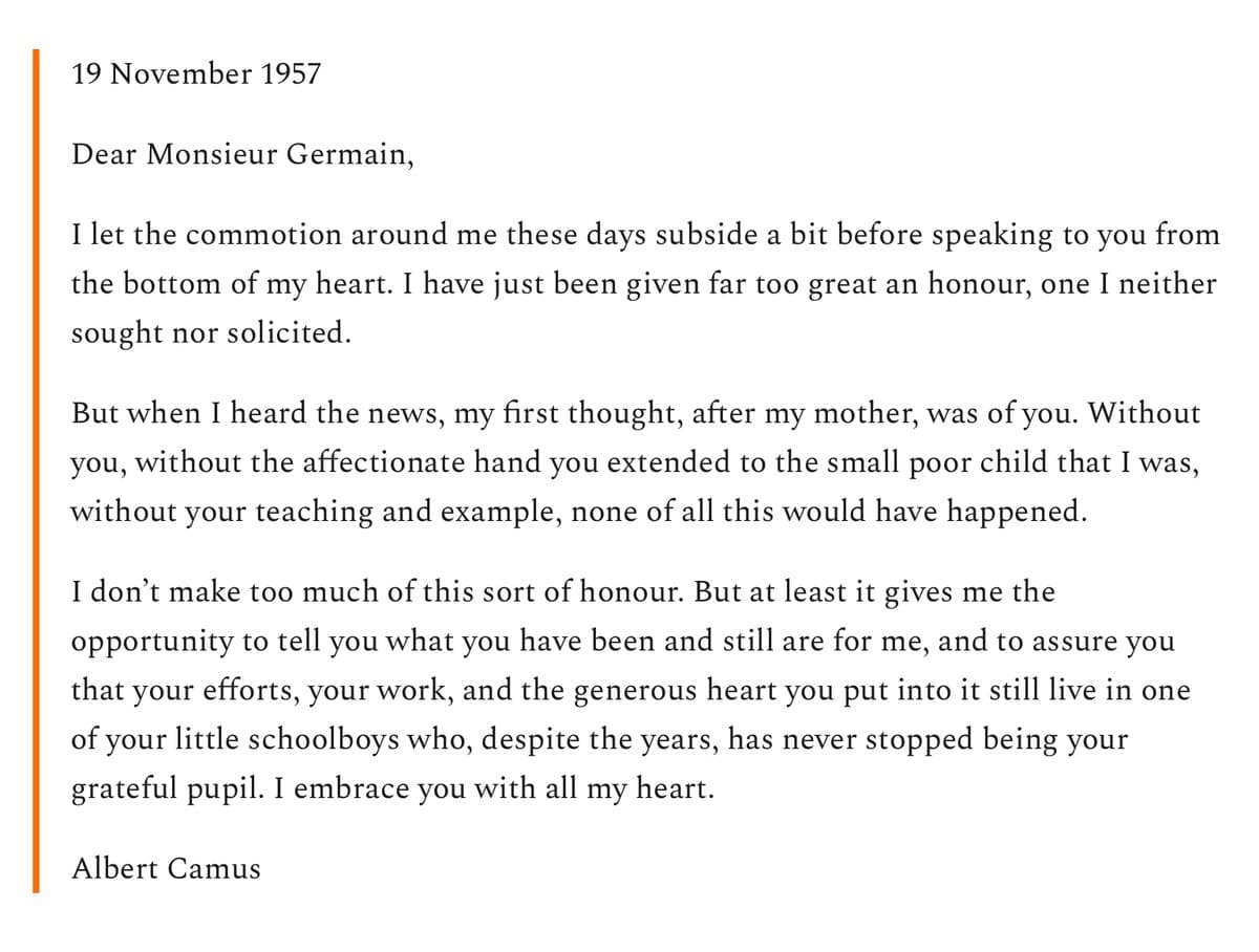 Image for Camus's 1957 Nobel Prize Letter to Teacher Germain Highlights Enduring Gratitude