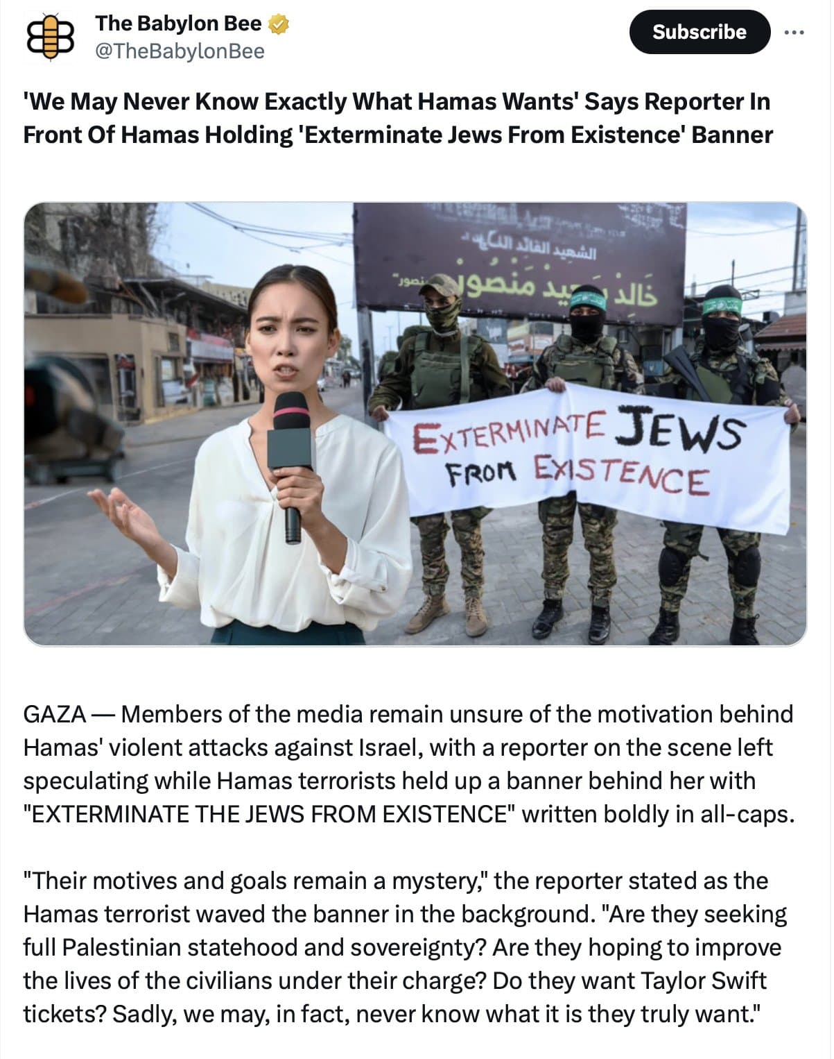 Image for The Babylon Bee Publishes Satirical Take on Israeli Withdrawal and Hamas Governance