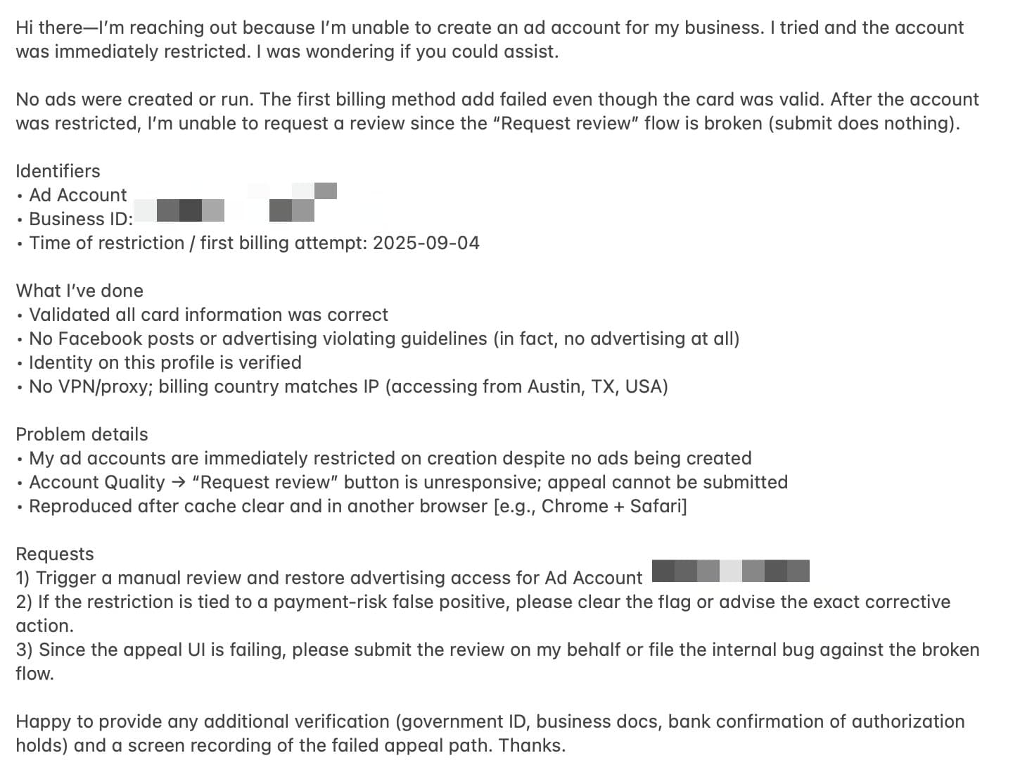 Image for Meta Directs Non-Political Advertiser to 'Political Ads' Verification Path, Requiring Physical Mail for Account Access
