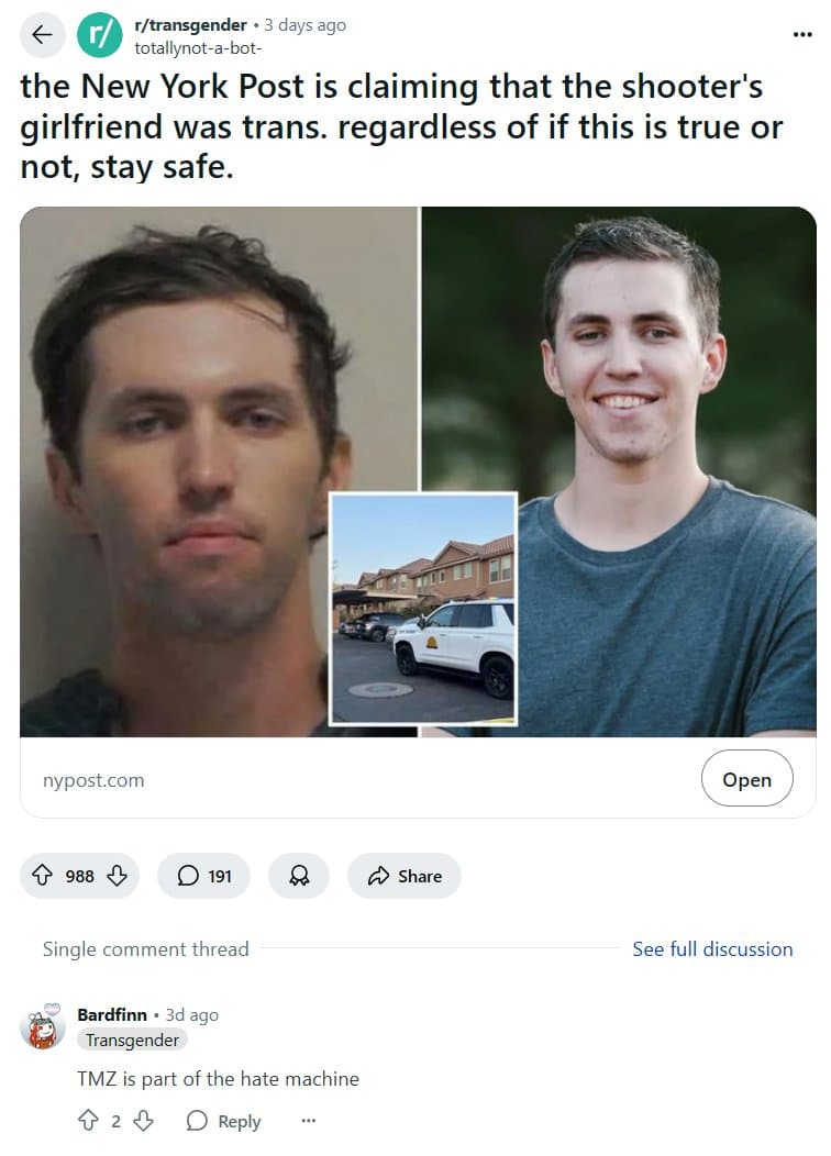 Image for Prominent Reddit Moderator u/bardfinn Criticizes TMZ Over Reporting on Tyler Robinson's Transgender Partner