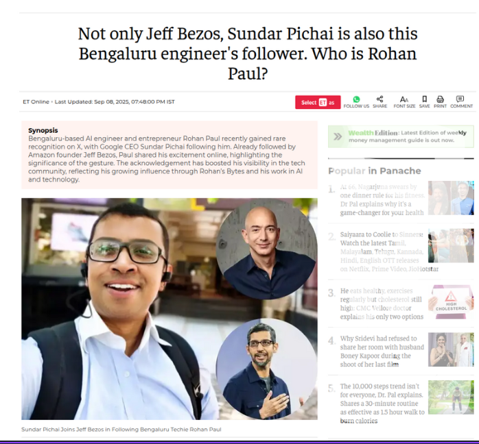 Image for AI Engineer Rohan Paul Gains Rare Follow from Google CEO Sundar Pichai on X