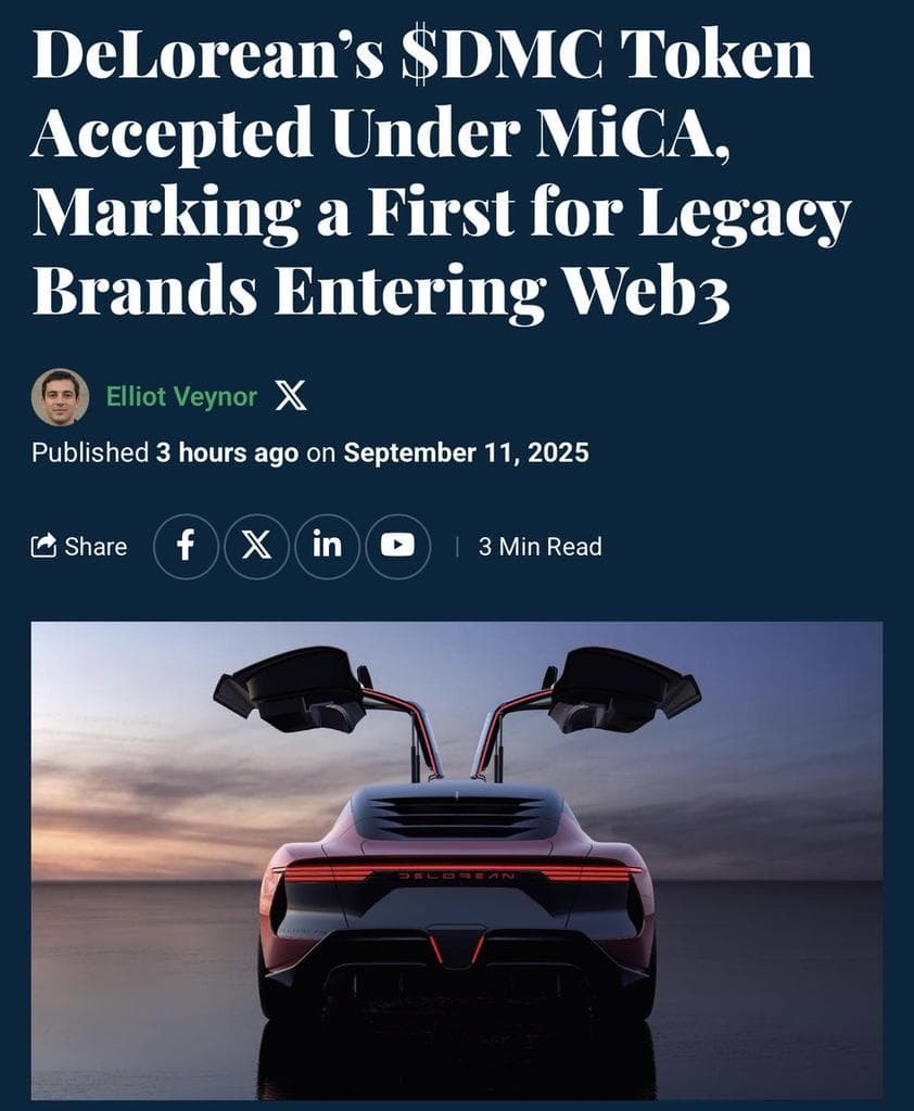 Image for DeLorean's $DMC Token Officially Recognized as Utility Token Under EU MiCA Regulation