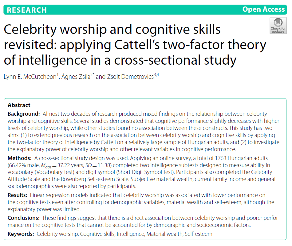 Image for Study Links Celebrity Worship to Lower Cognitive Abilities in 1,763 Adults