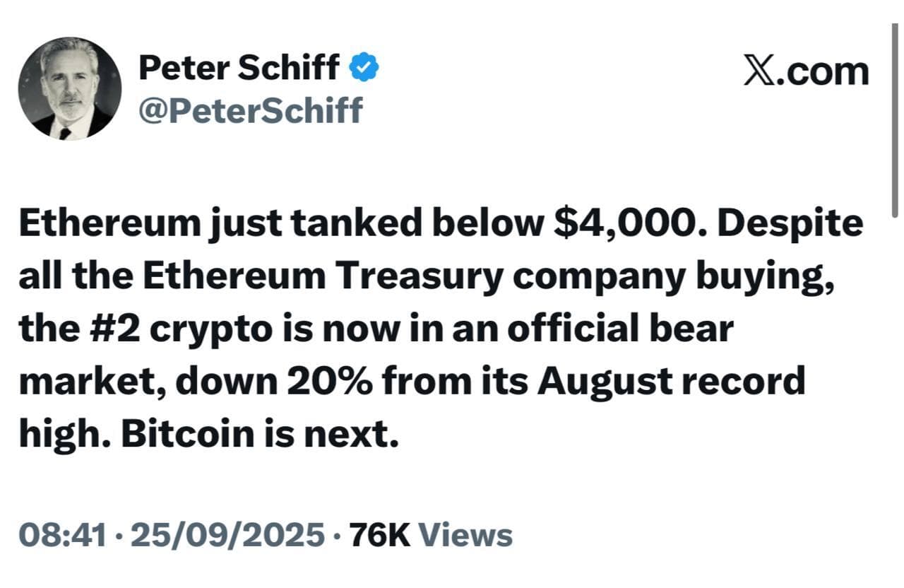 Image for Peter Schiff Predicts Bitcoin's Decline Following Ethereum's 20% Drop to Below $4,000