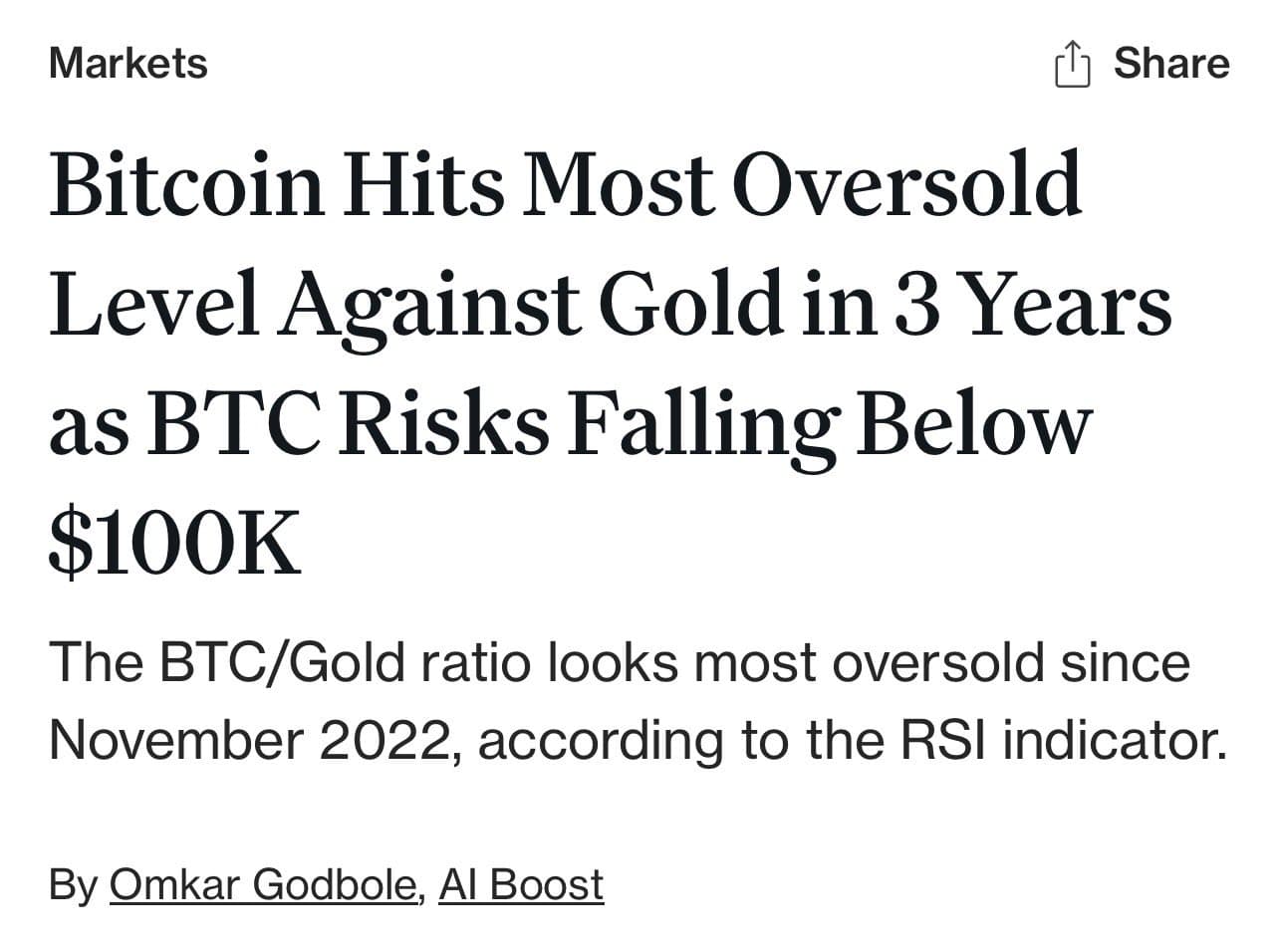 Image for Bitcoin's Relative Strength Index Against Gold Plunges to 22, Signaling 3-Year Oversold Extreme