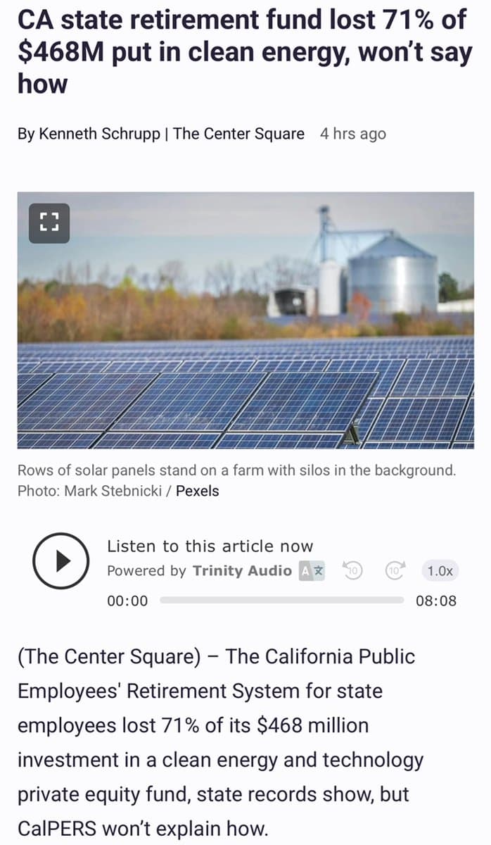 Image for CalPERS Reports 71% Loss on $468 Million Clean Energy Investment, Critics Cite ESG Focus