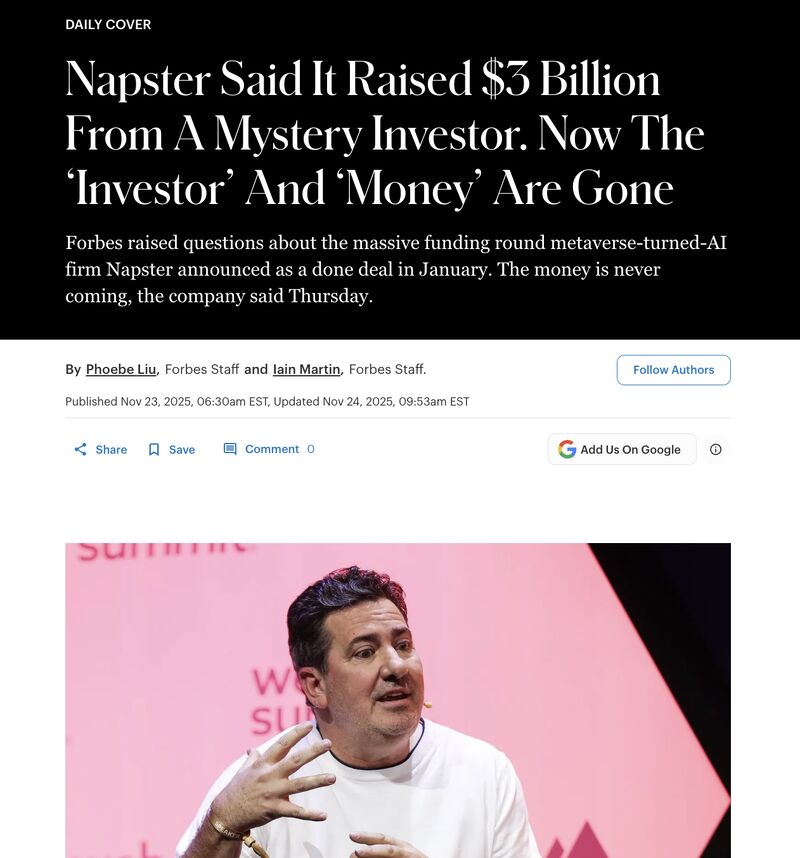 Image for Napster's Reported $3 Billion Funding Round Collapses, Company Alleges Misconduct