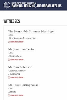 Six Prominent Digital Asset Leaders to Testify Before Senate Banking Committee