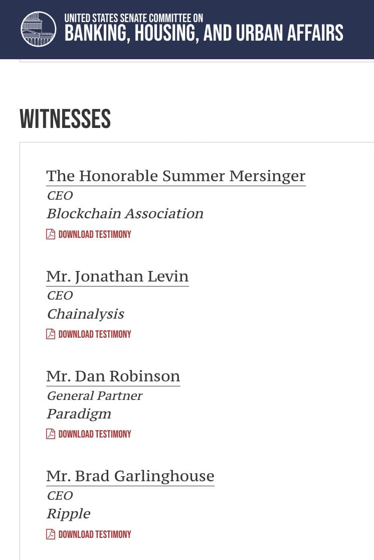 Image for Six Prominent Digital Asset Leaders to Testify Before Senate Banking Committee