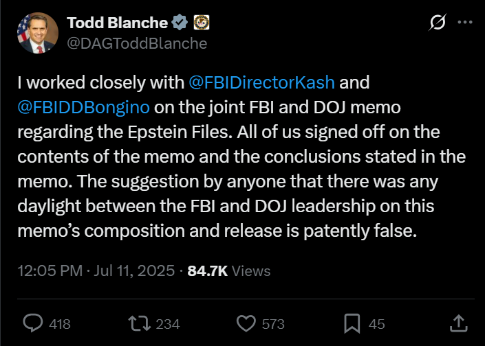 Image for Deputy Attorney General Blanche Affirms FBI and DOJ Unity on Epstein Files Memo