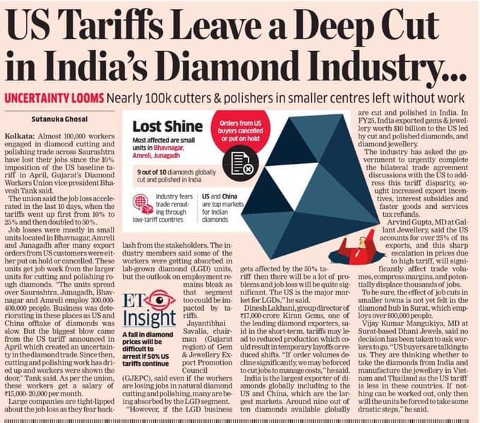 Image for 100,000 Indian Diamond Jobs Lost Amidst US 50% Tariff Hike