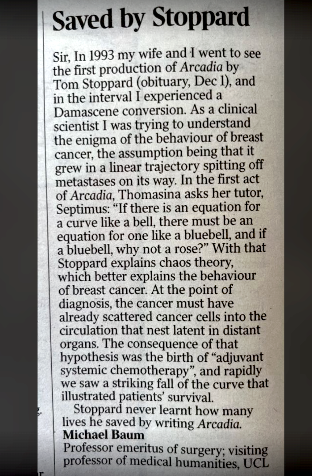 Image for Tom Stoppard's Arcadia Credited with Inspiring Life-Saving Breast Cancer Treatment