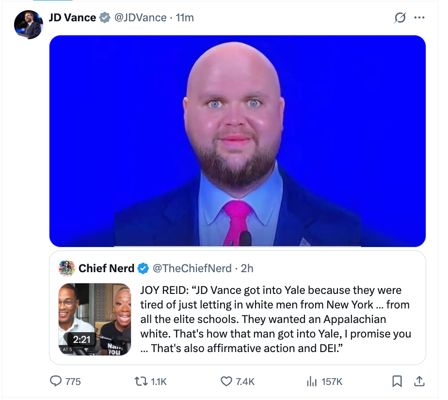 Image for JD Vance Responds to Affirmative Action Claims with Viral Meme, Fueling "PWEASE" Meme Coin Surge