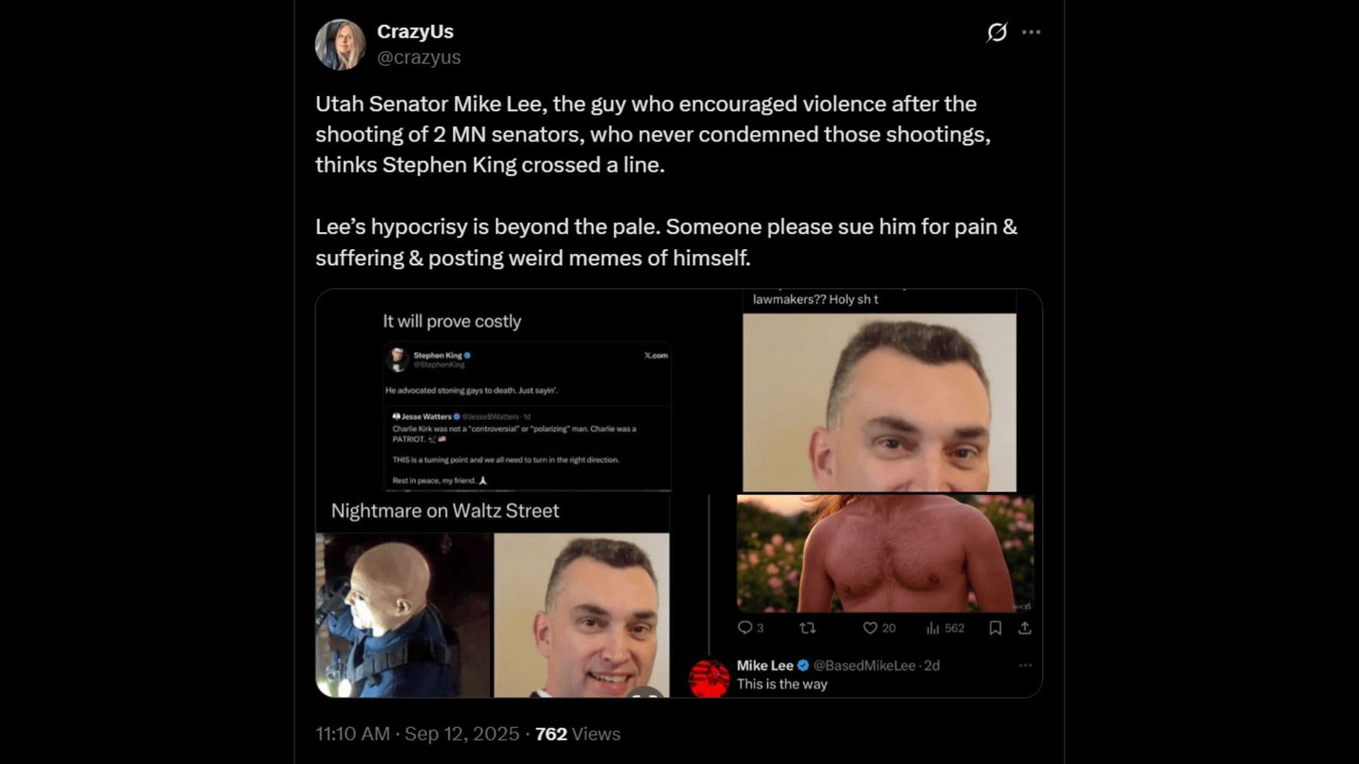 Image for Senator Mike Lee Calls for Defamation Lawsuit Against Stephen King Over 'Heinously False' Charlie Kirk Accusation
