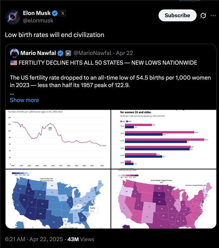 Image for Elon Musk Reiterates Call for Increased Birth Rates, Citing 2.7 Children Per Woman for Stability