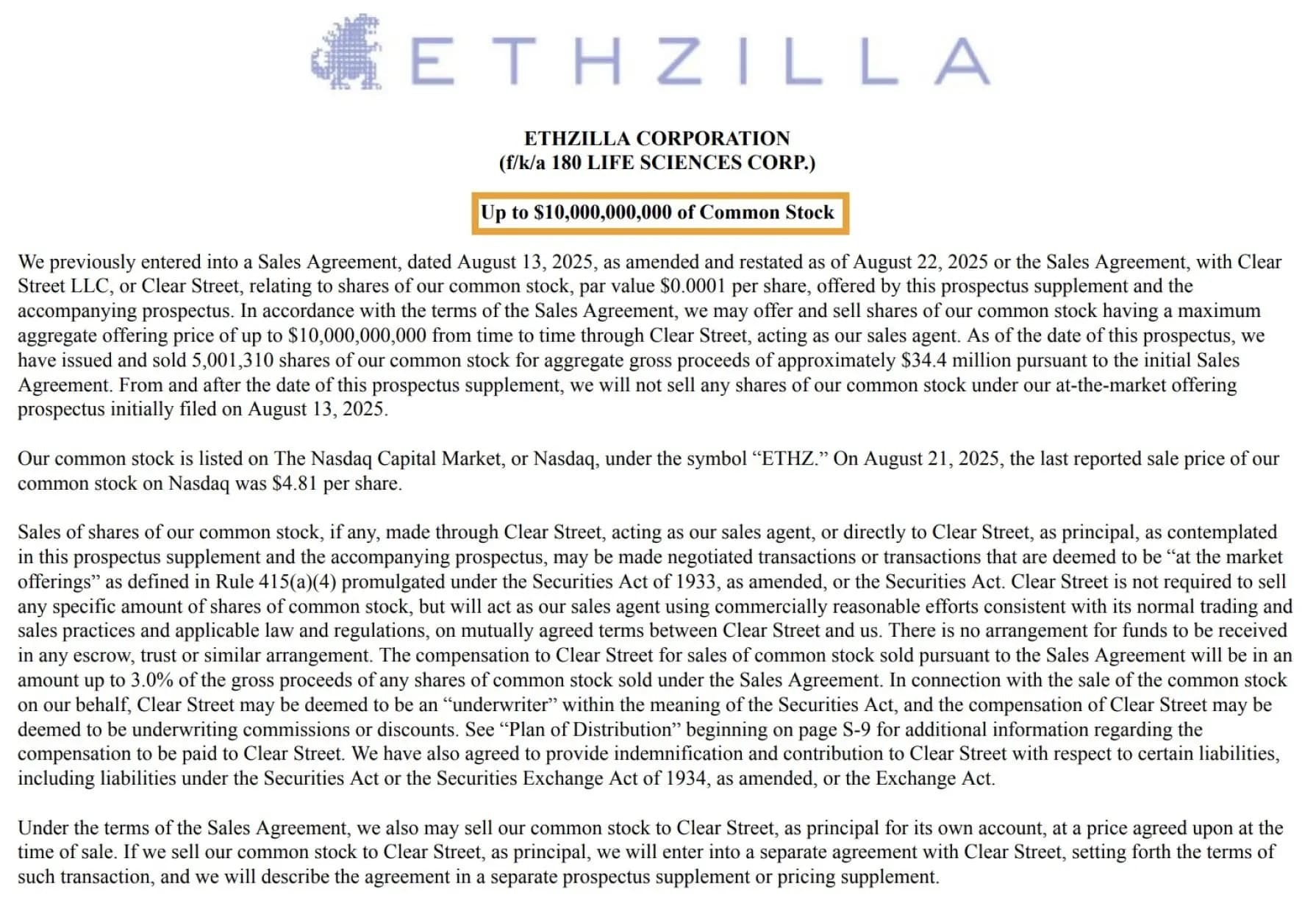 Image for ETHZilla Establishes $10 Billion ATM Program to Bolster Ethereum Reserves
