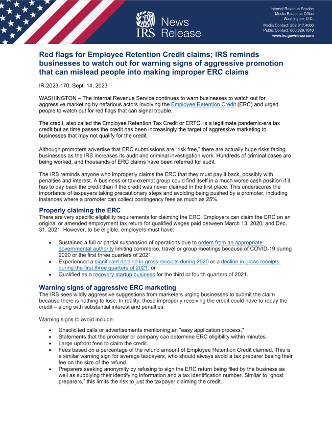 Image for Small Businesses Risk Losing 10-30% of Employee Retention Credits to Factoring Firms Amid IRS Fraud Warnings