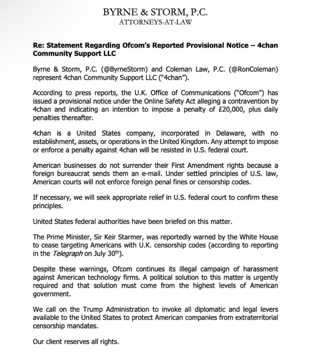 Image for UK Regulator Ofcom Issues £20,000 Fine to US-Based 4chan, Igniting Free Speech Clash