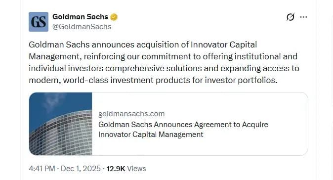 Image for Goldman Sachs to Acquire Innovator ETFs in $2 Billion Deal, Boosting Active ETF Assets to Over $75 Billion