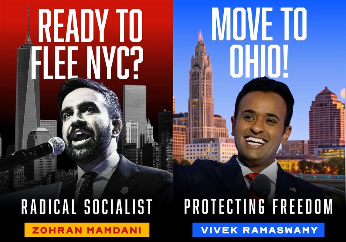 Image for Times Square Billboard Paid $50,000 to Urge New Yorkers to Flee 'Radical Socialist' Mamdani for Ohio