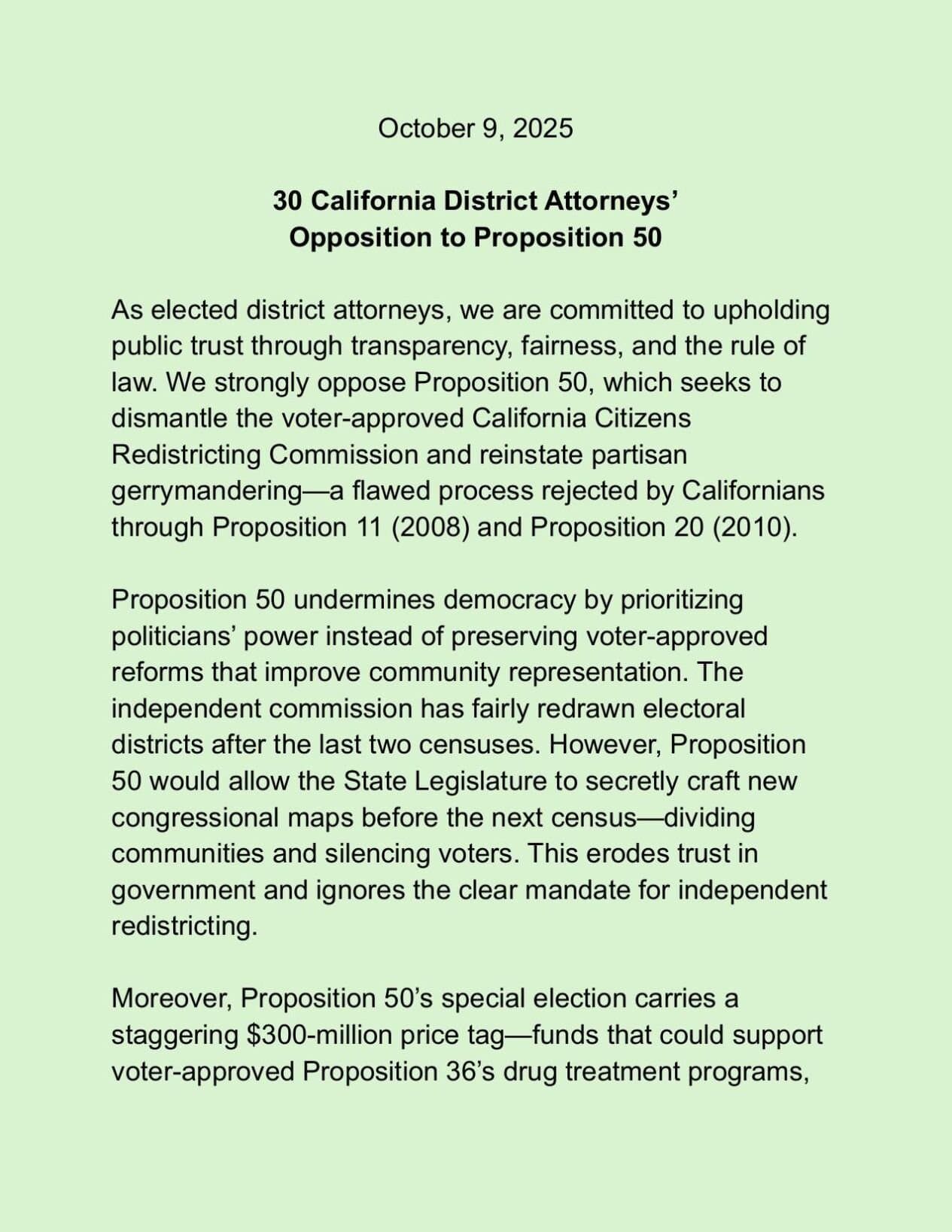 Image for California DAs Coalition Opposes Proposition 50, Citing Threat to Fair Representation and $300 Million Cost