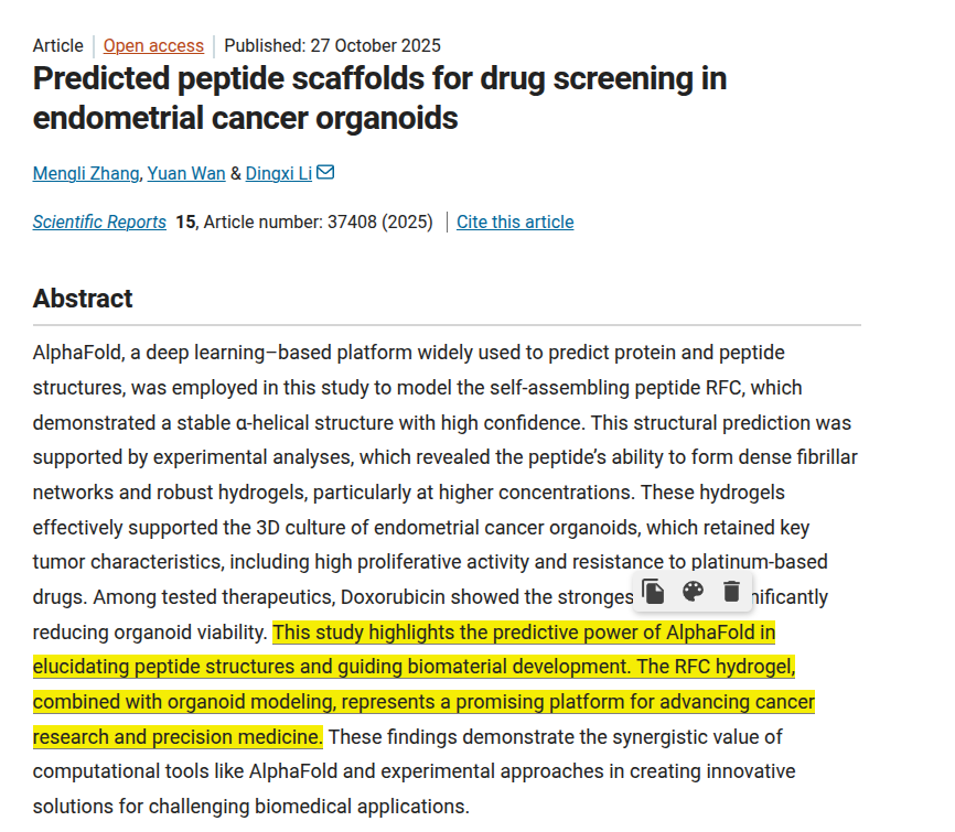 Image for AlphaFold3-Designed Peptide Gel Sustains Uterine Cancer Mini-Tumors for 14-Day Drug Screening