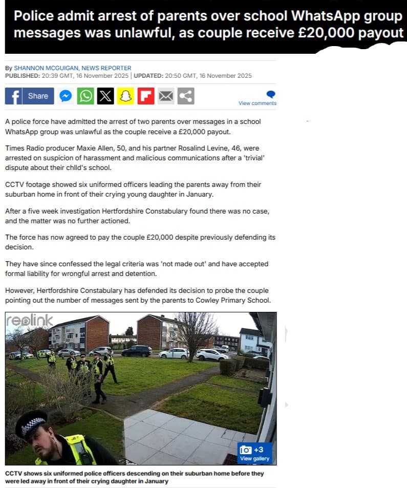 Image for Police Pay £20,000 to Parents Unlawfully Arrested Over School WhatsApp Complaints