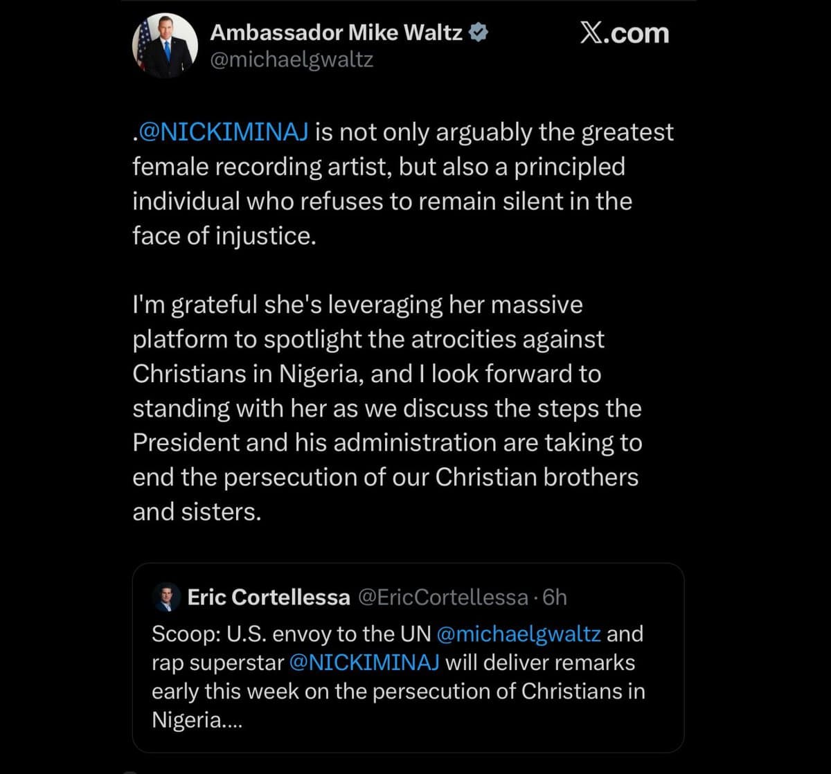 Image for US Ambassador and Nicki Minaj to Address Contentious Claims of Christian Persecution in Nigeria