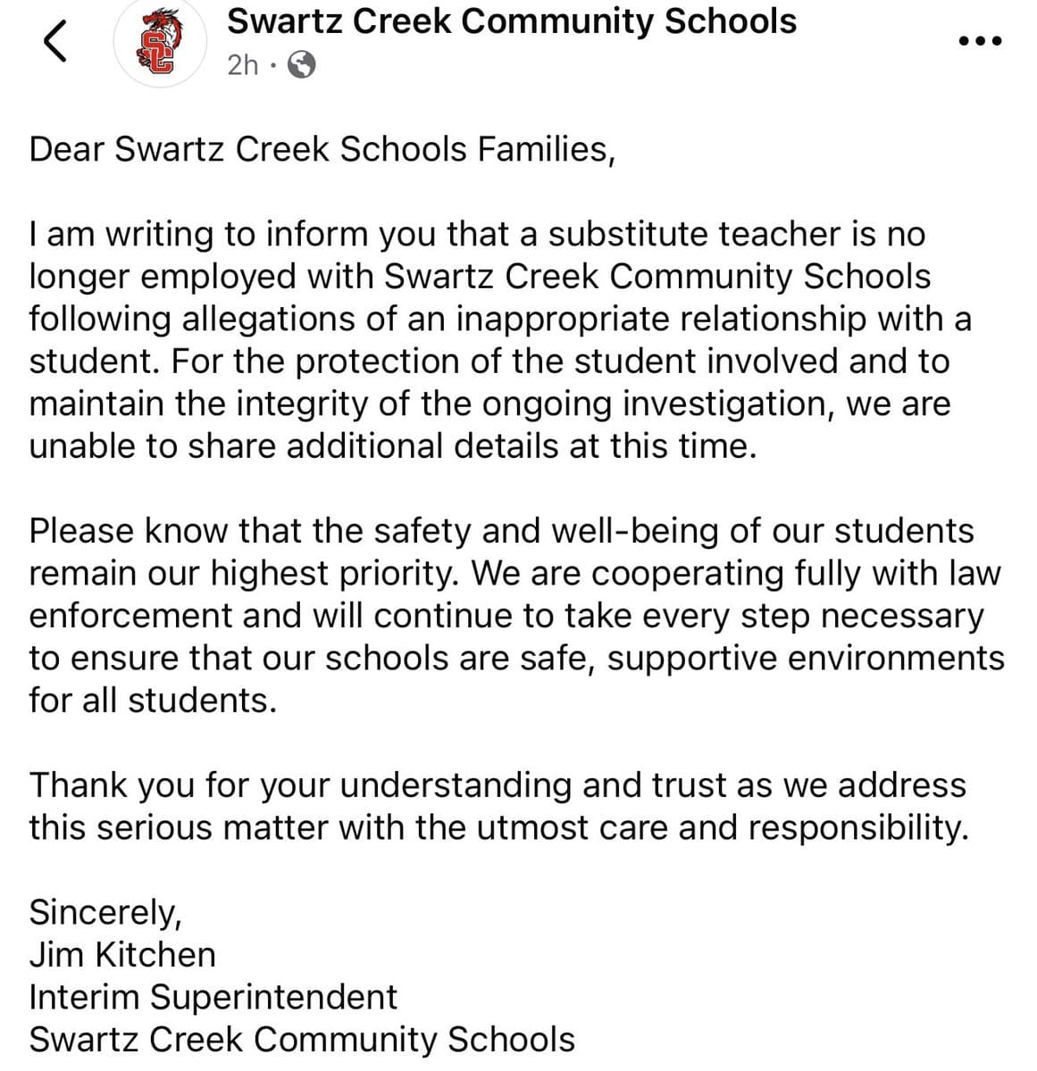 Image for Swartz Creek Schools Terminates Substitute Teacher Amid Inappropriate Relationship Allegations